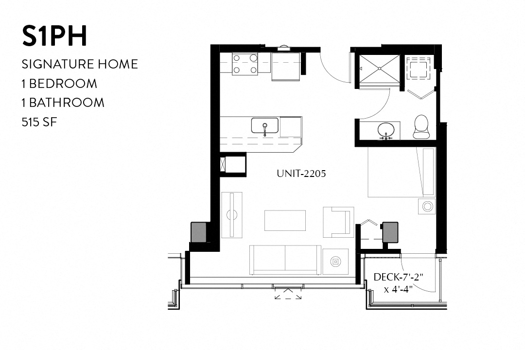 Floor plan for studio, 1 bath, 515 sqft